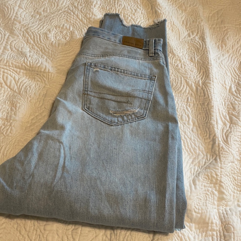 American Eagle mom jeans, no rips, faux patches